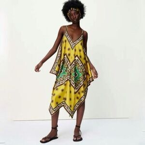 Zara Printed Satin Effect Scarf Dress Mustard